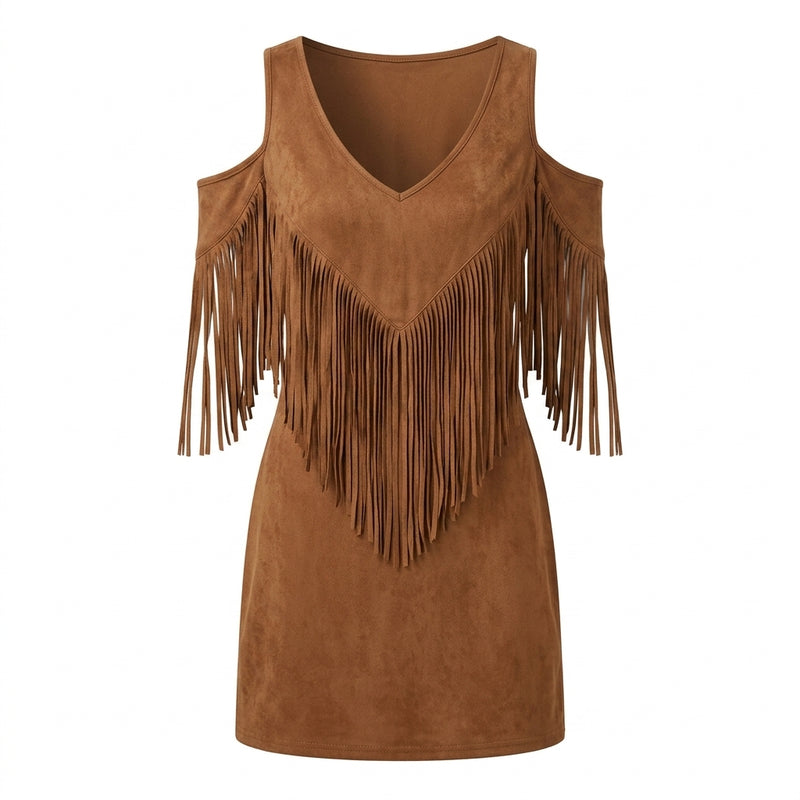 Vestido Mini de Camurça Sintética com Franjas Western e Ombros Descobertos